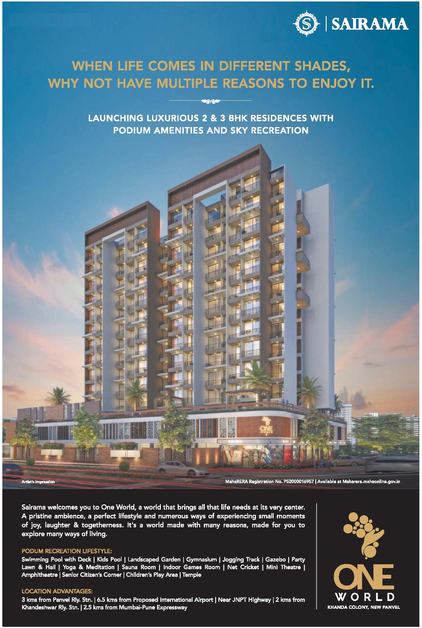Launching 2 & 3 bhk residences with podium amenities & sky recreation at Sairama One World in Navi Mumbai Update